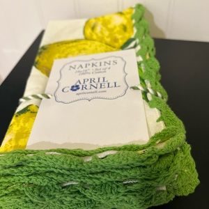April Cornell LEMONS French Provencal NAPKINS SET of 4 Crochet Edge Green Yellow